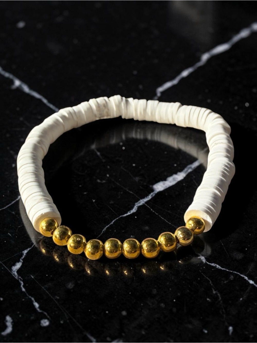 White Clay‎ Heishi Bead Stretch Bracelet Boho Coastal Gold Accent Disc Stackable